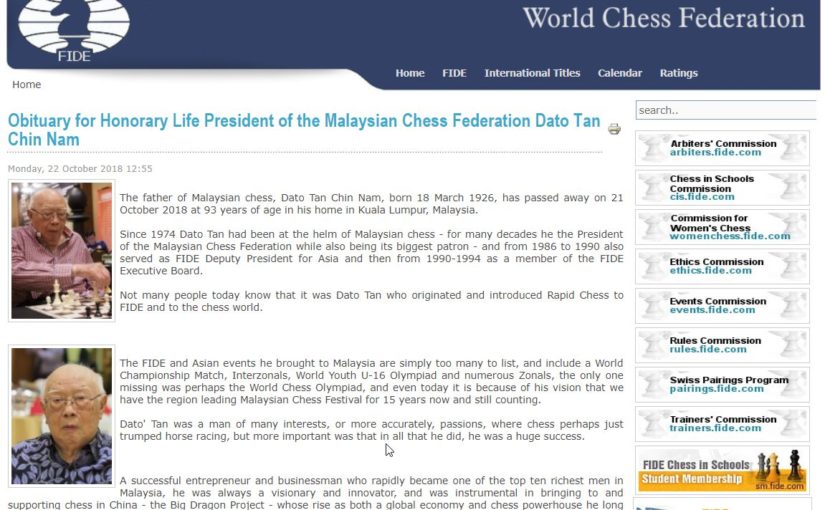 Obituary for Honorary Life President of the Malaysian Chess Federation Dato’ Tan Chin Nam