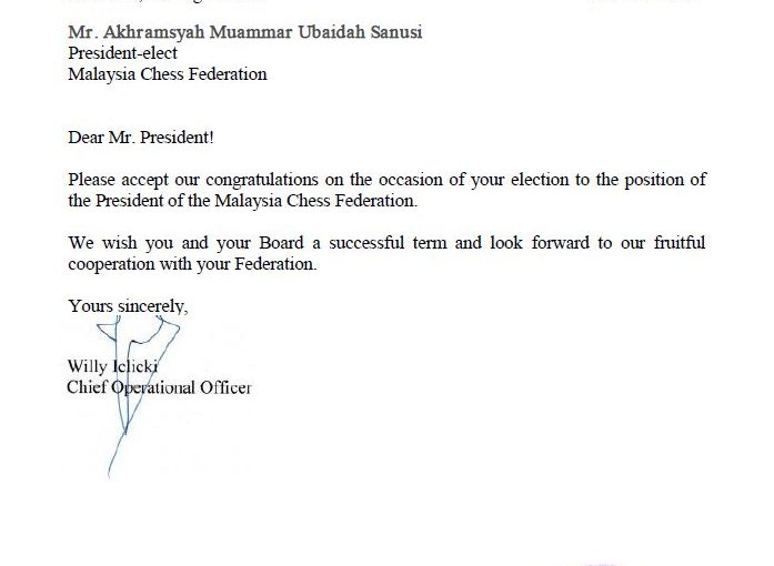 FIDE Congratulates the New Malaysian Chess Federation President