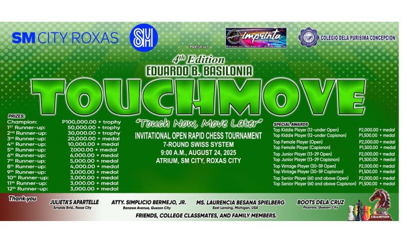 Touchmove Invitational Open Rapid Chess Tournament Starts August 24 in Roxas City, PHI